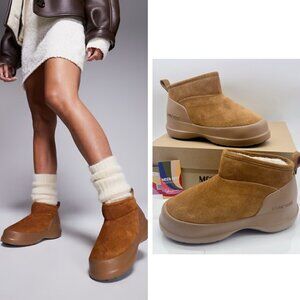 Moon Boot Luna Low Faux Shearling Lined Boots Platform Cognac Suede EU 38 US 7